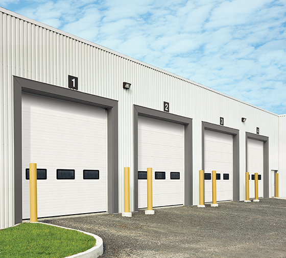 Garaga EPS 2026HD commercial garage door in White, Light Grooves design, 23" x 13" windows and Uniform woodgrain steel.