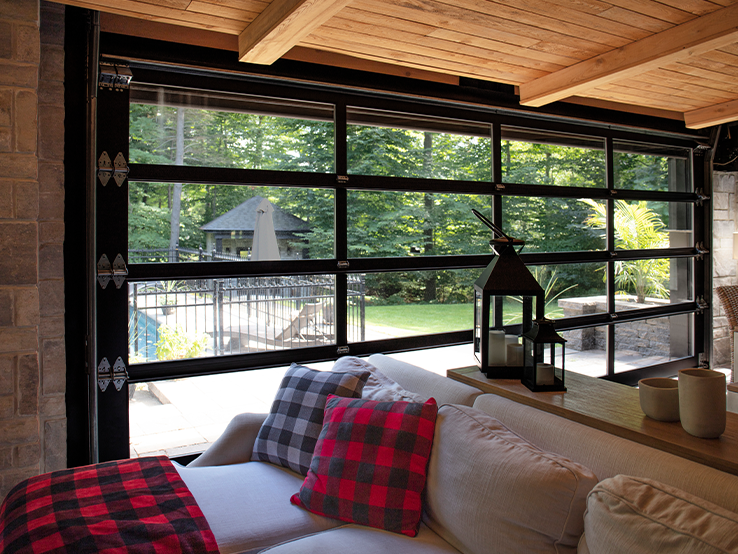 Garaga residential garage door with the Grid all-glass design, Black frame and Clear glass.
