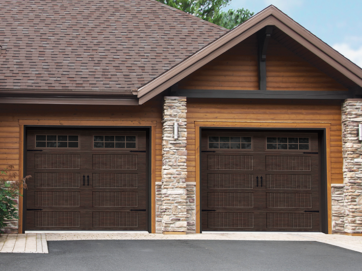 Garaga residential garage door with a Dark Walnut faux-wood finish, the Beadboard Long design and Stockton window inserts.