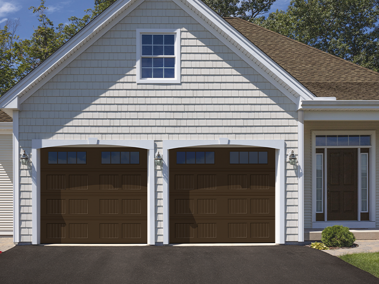 Garaga residential garage door in Brown with the Beadboard Short design and Richmond Long window inserts.
