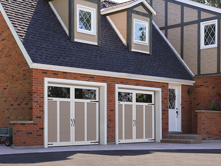 Garaga residential garage door in Claystone with the E-12 design, Ice White overlays and Panoramic windows.