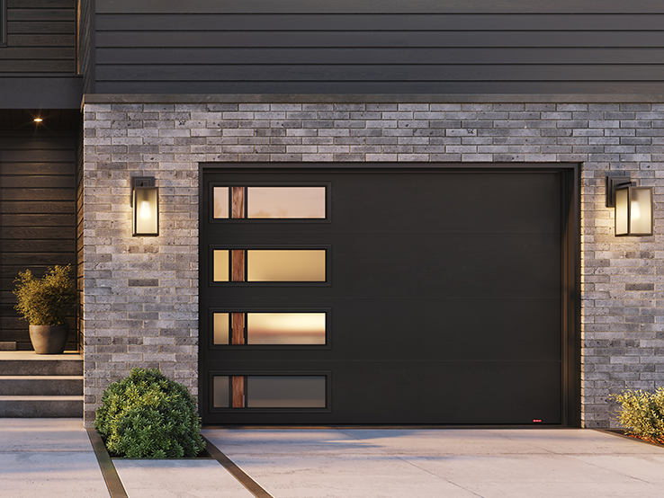 Garaga residential garage door in Black with the Flush design and Harmony windows with Zen glass.