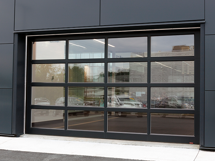 Garaga G-4400 commercial garage doors, 14' x 8' all-glass, Black frame and Clear glass.