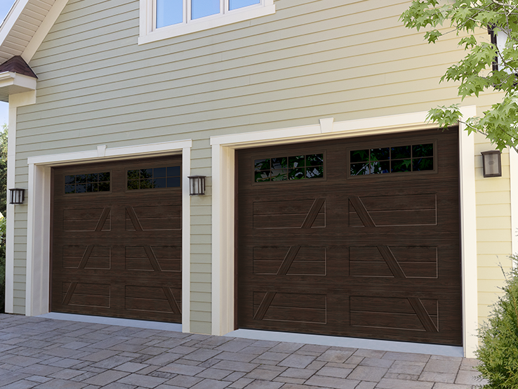 Garaga residential garage door with a Dark Walnut faux-wood finish, the A design, a two-slat louver base and Stockton window inserts.
