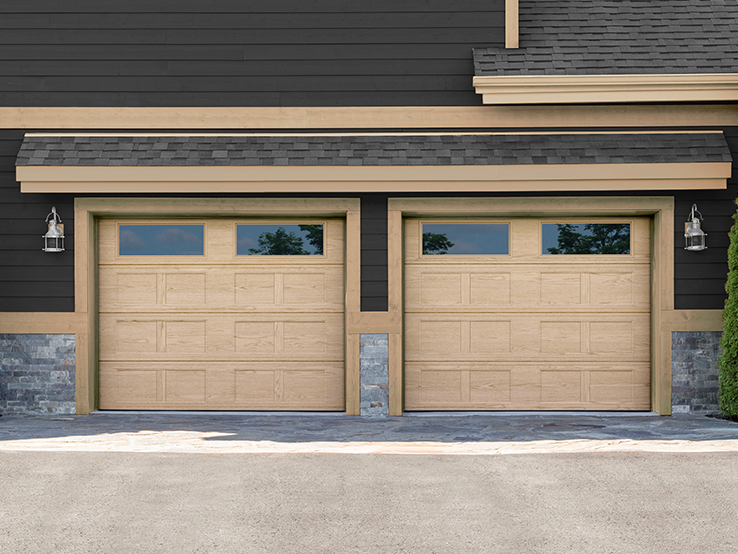 Garaga residential garage door with a Natural Oak HD faux-wood finish, the I1 design, a recessed base and windows.