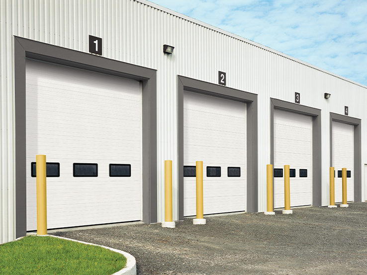 Garaga EPS 2026HD commercial garage door in White, Light Grooves design, 23" x 13" windows and Uniform woodgrain steel.