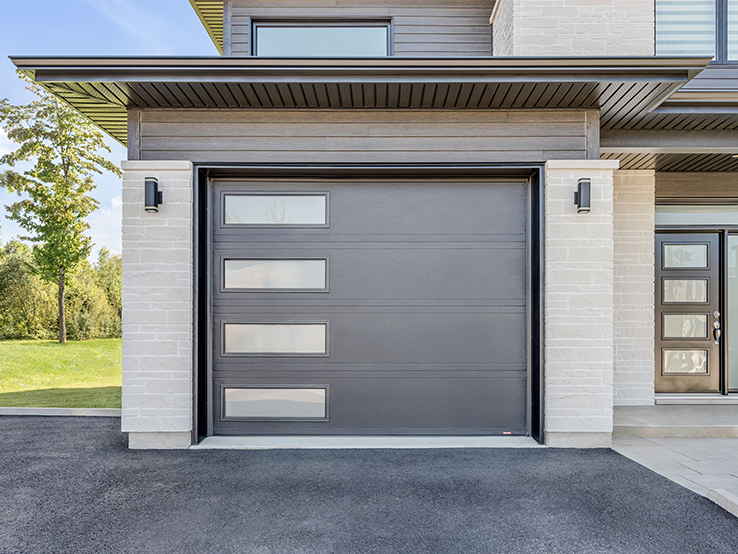 Garaga residential garage door in Black with the Moderno 2 beads design and left-side Harmony windows.