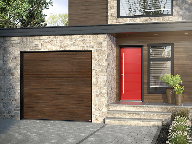 Garaga residential garage door with a Chocolate Walnut faux-wood finish and the Moderno Multi design.