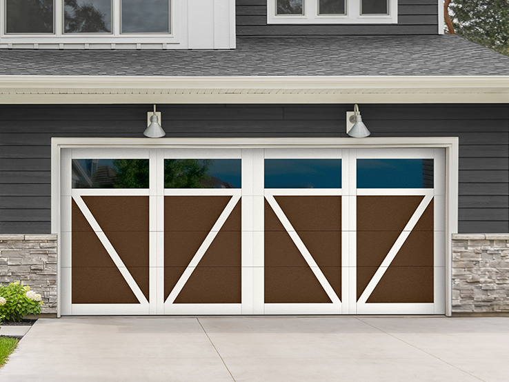 Garaga residential garage door in Brown with the V design, White overlays and Long windows.