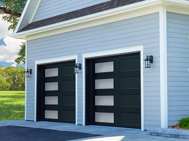 Garaga residential garage door in Black Ice with the Recessed Long design and left-side Harmony windows.