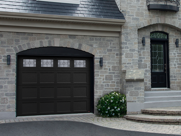 Garaga residential garage door in Black with the Shaker-Flat CC design and Clear glass.