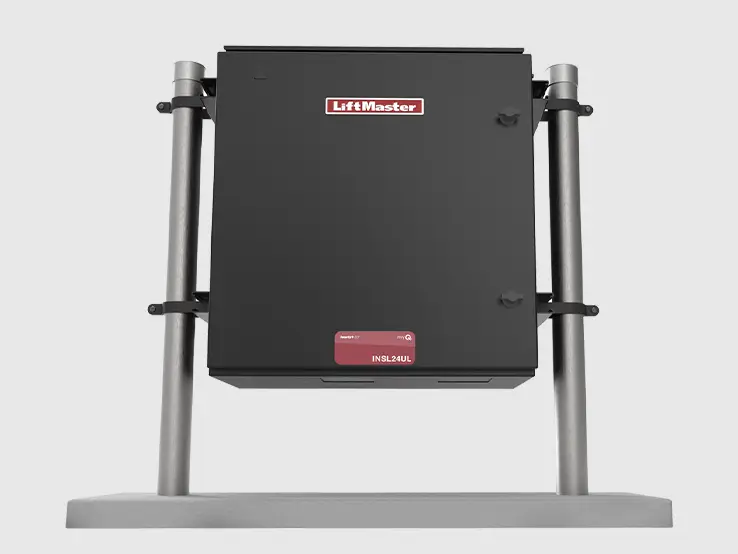 LiftMaster INSL24UL industrial slide gate operator, front view with riser.