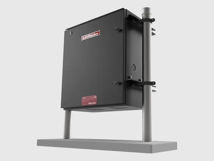 LiftMaster INSL24UL industrial slide gate operator, right-side view with riser.