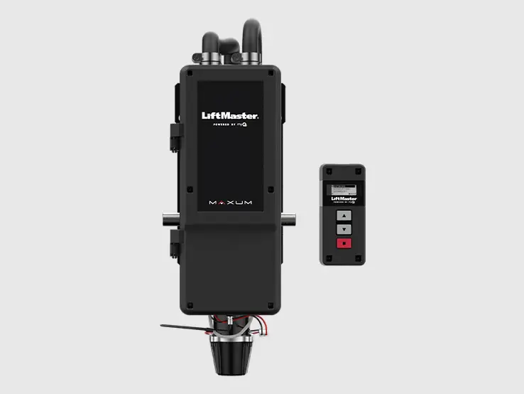 LiftMaster JDC MAXUM DC jackshaft commercial door operator, front view with the wall control station.