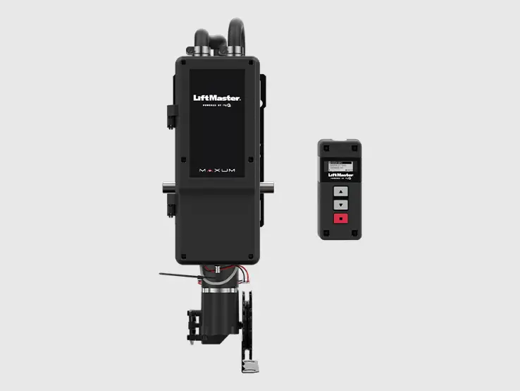 LiftMaster JHDC MAXUM DC hoist commercial door operator, front view with the wall control station.