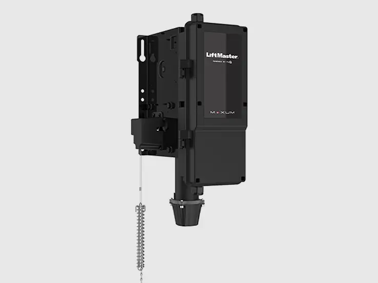 LiftMaster RJDC MAXUM DC jackshaft commercial door operator with manual release, left-side view.