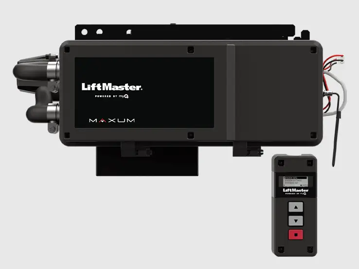 LiftMaster TDC MAXUM DC trolley commercial door operator, front view with the wall control station.