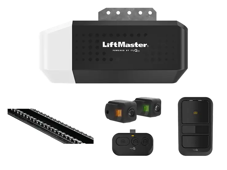 LiftMaster 2220L accessories including remote and wall control.