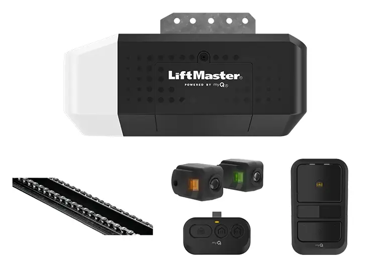 Accessoires du LiftMaster 2420L, incluant télécommande et panneau mural.