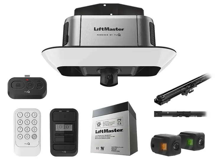 Accessoires du LiftMaster 4690L, incluant télécommande et panneau mural.