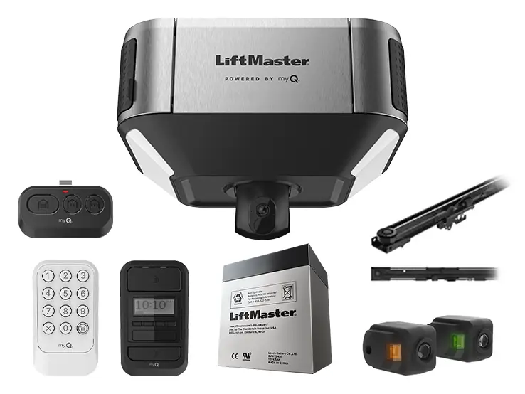 Accessoires du LiftMaster 6580L, incluant télécommande et panneau mural.