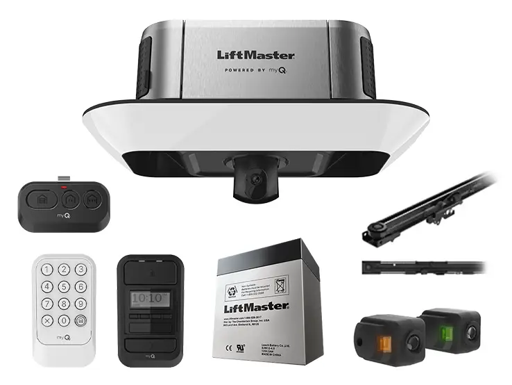 Accessoires du LiftMaster 6690L, incluant télécommandes, clavier et panneau mural.