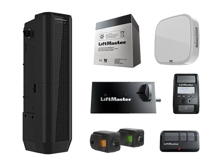 Accessoires du LiftMaster 98032, incluant télécommande et panneau mural.